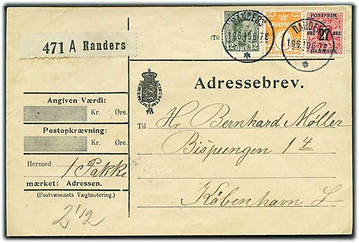 1 øre Bølgelinie 12 øre Chr. X og 27/7 øre Provisorium på adressebrev for pakke fra Randers d. 19.6.1919 til København.