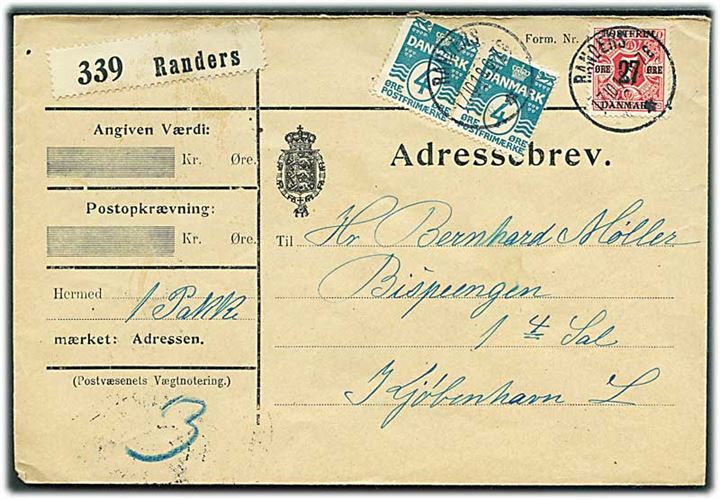 4 øre Bølgelinie i parstykke og 27/7 øre Provisorium på adressebrev for pakke fra Randers d. 17.10.1918 til København.