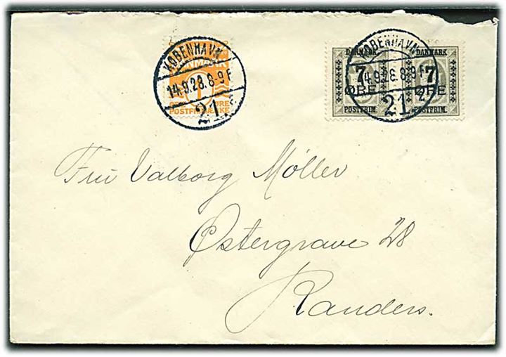 1 øre Bølgelinie og 7/3 øre Provisorium i parstykke på brev fra København d. 14.9.1928 til Randers.