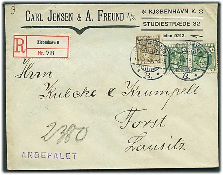 5 øre (par) og 25 øre Chr. IX på anbefalet brev fra Kjøbenhavn d. 13.12.1906 til Forst, Tyskland. Bagklap revet.
