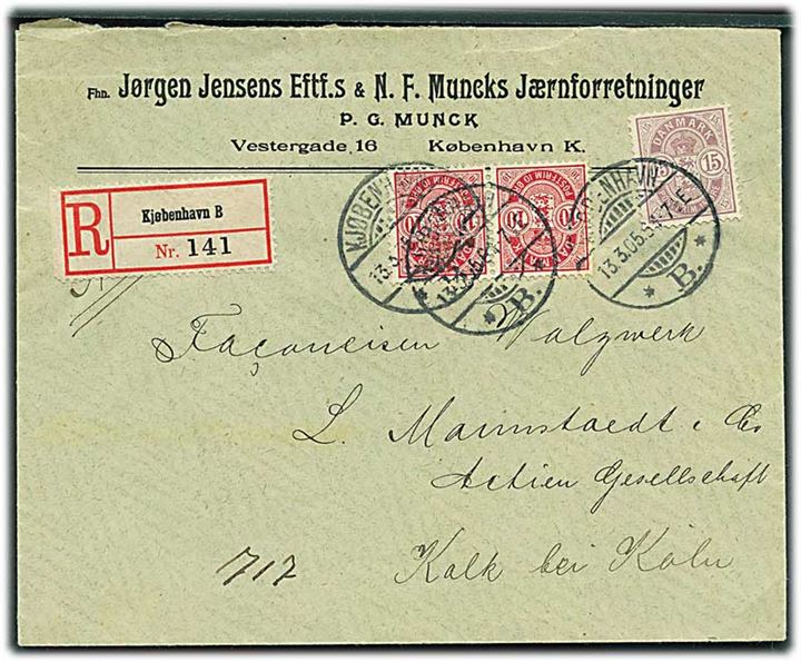 10 øre (parstykke) og 15 øre Våben på 35 øre frankeret anbefalet brev fra Kjøbenhavn d. 13.3.1905 til Kalk bei Köln, Tyskland.