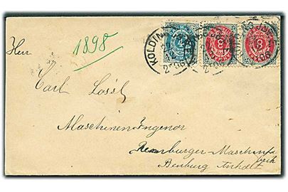 4 øre og 8 øre (2) Tofarvet på brev annulleret med lapidar Kolding JB.P.E. d. 22.12.1898 til Bernburg, Tyskland.