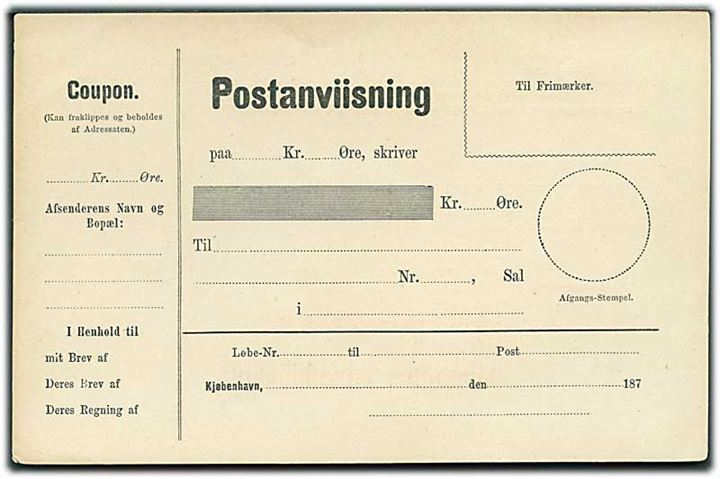 Postanviisning formular fra 1870'erne. Ubrugt.