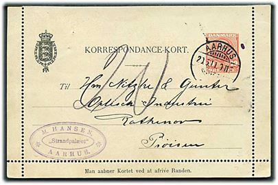 10 øre Fr. VIII (forside) sendt som brevkort fra Aarhus d. 20.5.1911 til Rathenow, Tyskland. Fejlagtigt udtakseret i porto med 20 pfg. tysk porto.