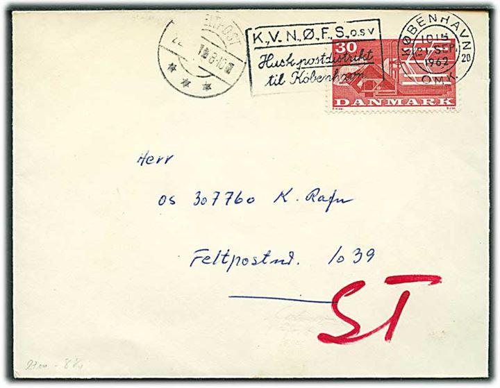 30 øre Landbrug på brev fra København d. 21.9.1962 til soldat ved Feltpost nr. 1039. Ank.stemplet Feltpost d. 22.9.1962.