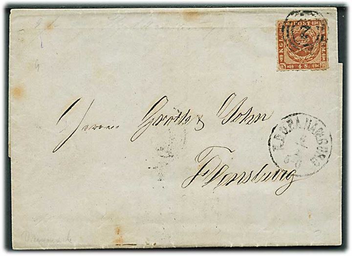 4 sk. stukken kant på brev annulleret med nr.stempel 2 og sidestemplet lapidar K.P.O.P.A. Hamburg d. 6.1.1864 til Flensburg.