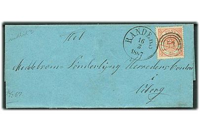 4 sk. Krone/Scepter på brev annulleret med nr.stempel 53 og sidestemplet Randers d. 16.3.1867 til Viborg.