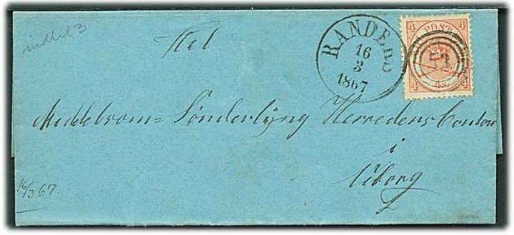 4 sk. Krone/Scepter på brev annulleret med nr.stempel 53 og sidestemplet Randers d. 16.3.1867 til Viborg.