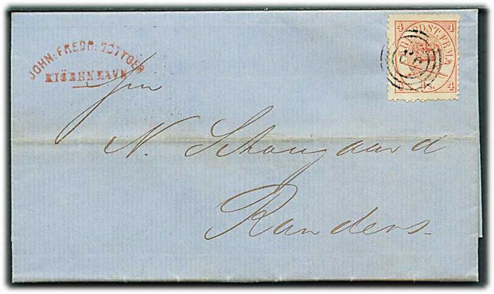 4 sk. Krone/Scepter på dampskibsbrev fra Kjøbenhavn annulleret med nr.stempel 53 og på bagsiden stemplet Randers d. 4.9.1864 til Randers.