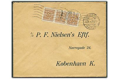 Ufrankeret brev med bureaustempel Fredericia - Aalborg T.970 d. 15.11.1933 til København. Udtakseret i porto med 10 øre Portomærke i 3-stribe annulleret med håndrullestempel København K d. 16.11.1933.