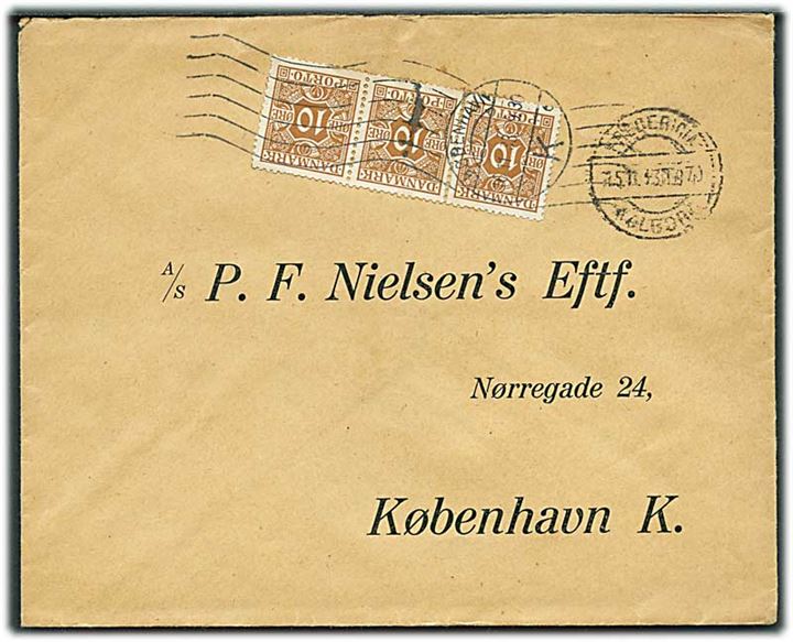 Ufrankeret brev med bureaustempel Fredericia - Aalborg T.970 d. 15.11.1933 til København. Udtakseret i porto med 10 øre Portomærke i 3-stribe annulleret med håndrullestempel København K d. 16.11.1933.