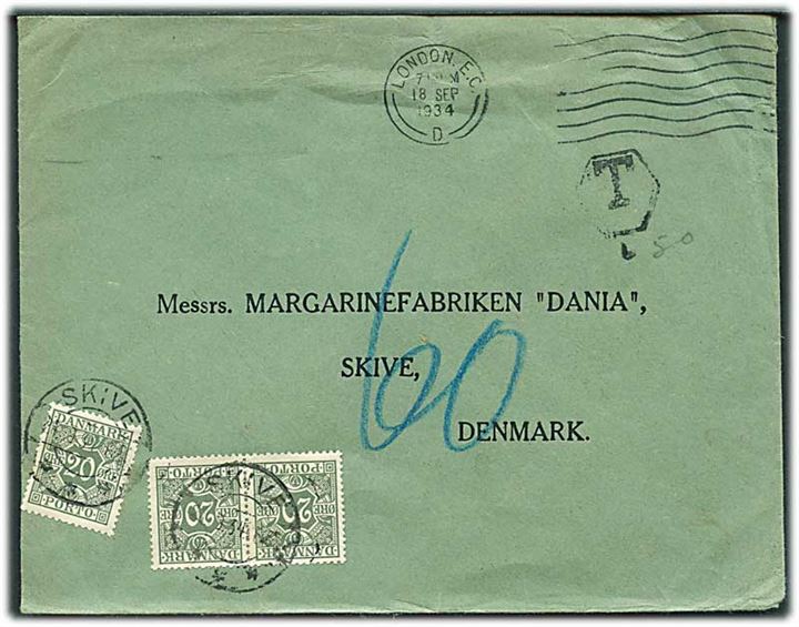 Ufrankeret brev fra London d. 18.9.1934 til Skive, Danmark. Udtakseret i porto med 20 øre Portomærke (3) stemplet Skive d. 21.9.1934.