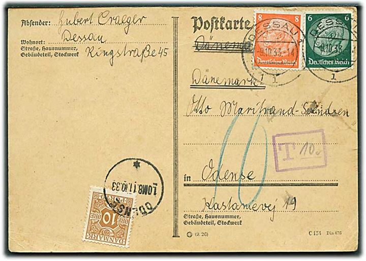 6 pfg. og 8 pfg. Hindenburg på underfrankeret brevkort fra Dessau d. 9.10.1933 til Odense, Danmark. Udtakseret i porto med 10 øre Portomærke stemplet Odense d. 11.10.1933.