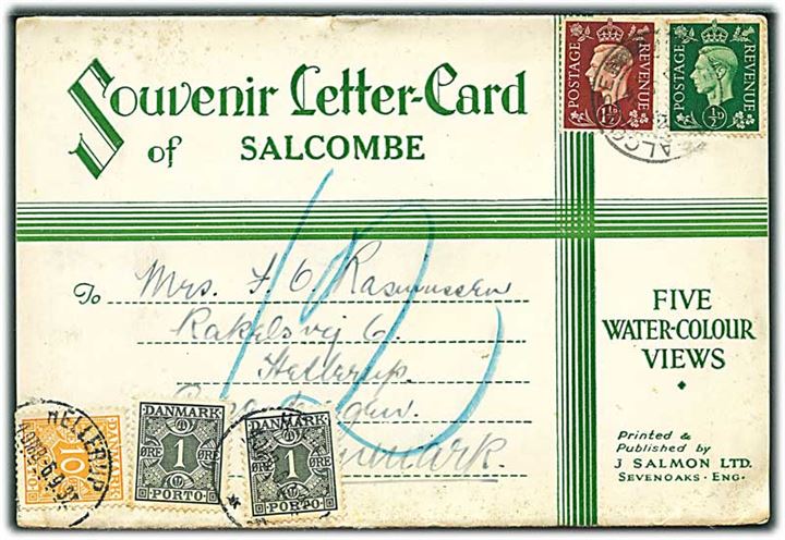 Engelsk ½d og 1½d George VI på underfrankeret Souvenir Letter-Card fra Salcombe d. x.9.1937 til København, Danmark. Udtakseret i porto med 1 øre (2) og 10 øre Portomærke stemplet Hellerup d. 6.9.1937.