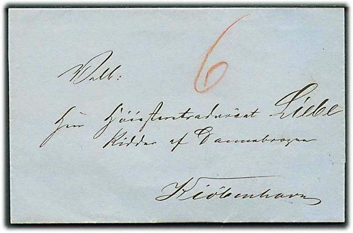 1859. Portobrev med antiqua stempel på bagsiden Horsens d. 27.1.1859 til Kjøbenhavn. Påskrevet 6 sk. porto.