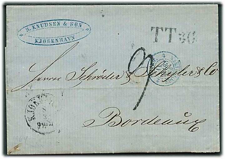 1864. Ufrankeret portobrev med antiqua Kjøbenhavn d. 8.3.1864 via Hamburg til Bordeaux, Frankrig. Stemplet T.T.36.