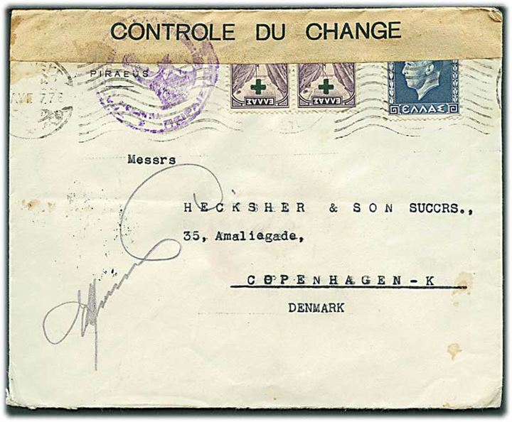 Blandingsfrankeret brev fra Grækenland 1937 til København, Danmark. Åbnet af græsk valutakontrol.