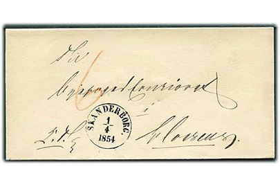 1856. Ufrankeret tjenestebrev med antiqua Skanderborg. d. 1.4.1854 til Horsens. Påskrevet 6 sk. porto.