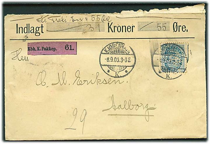 20 øre Våben med perfin G&W på værdibrev fra Kjøbenhavn d. 8.9.1903 til Aalborg. På bagsiden laksegl fra firma A.N.Grøn & W.Witzke * Kjøbenhavn *.