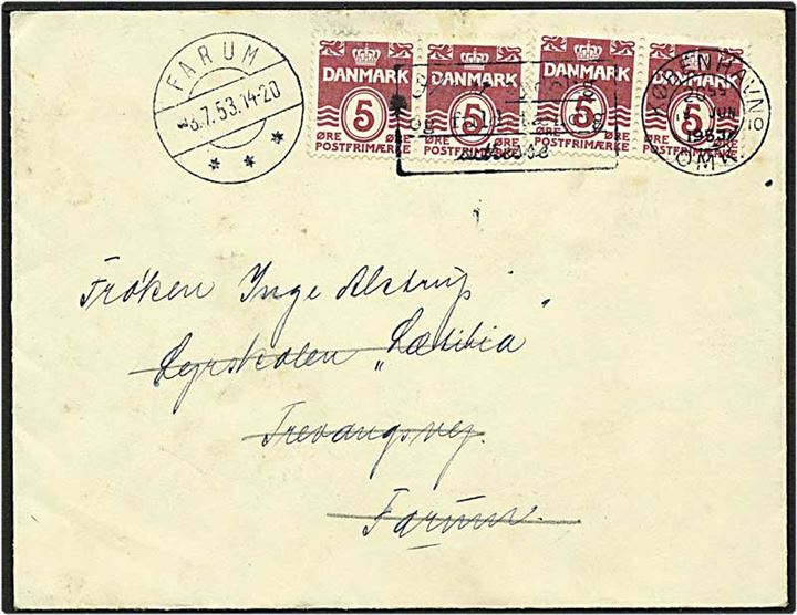 5 øre vinrød bølgelinie på brev fra København d. 19.6.1953 til Farum. Brevet returneret.
