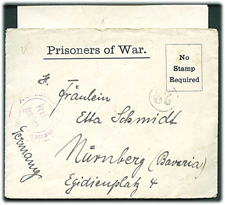 Ufrankeret fortrykt krigsfangekuvert med indhold dateret Southampton d. 6.10.1916 til Nürnberg, Tyskland. Britisk krigsfangecensur P.W. 135 og tysk censur fra Emmerich. Bagklap mgl.