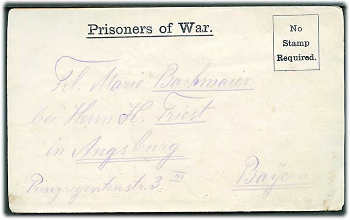 Ufrankeret fortrykt krigsfangefoldebrev dateret d. 25.4.1917 til Augsburg, Tyskland. Fra tysk krigsfange i Nell Lane Military Hospital, West Didsbury, Manchester. Åbnet af britisk krigsfangecensur P.W. 26.