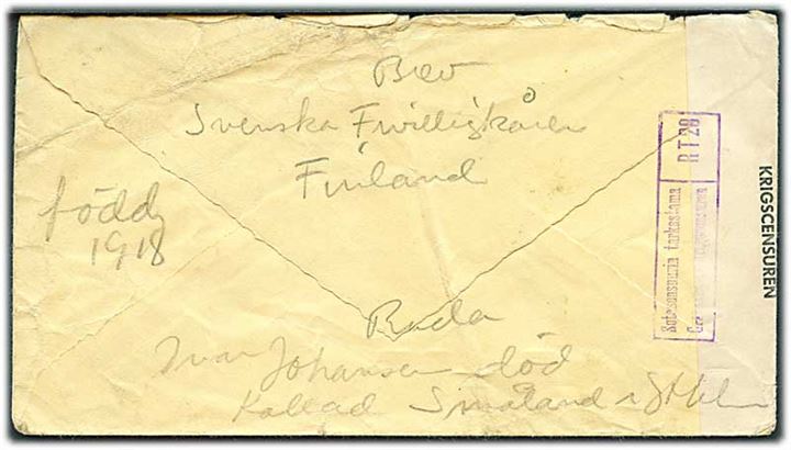 15 öre Linné på brev fra Stockholm d. 19.3.1940 til soldat ved S.F.K. Avd 644, Haparanda F. = Svenska Frivilligkåren Depåverkstadspluton. Åbnet af finsk censur.
