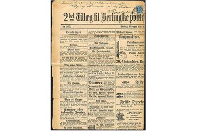 4 øre Tofarvet omv. ramme på 2det Tillæg til Berlingeske politiske og Avertissements-Tidende d. 23.12.1899 stemplet Kjøbenhavn d. 2.1.1900 til Ringkjøbing.