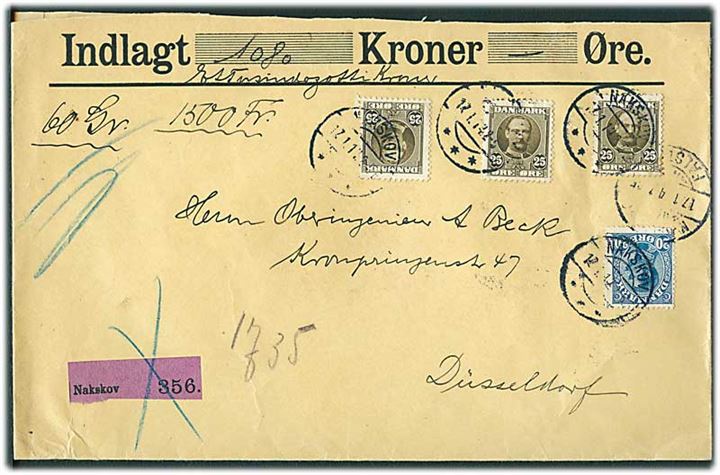 20 øre Chr. X og 25 øre Fr. VIII (3) på værdibrev fra Nakskov d. 17.1.1914 via Nykjøbing Falster til Düsseldorf, Tyskland.