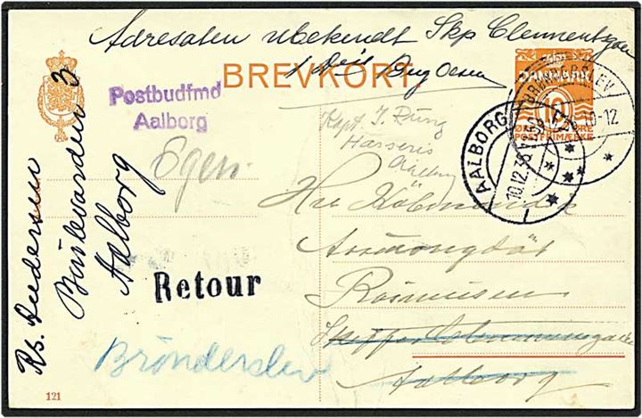 10 enkeltbrevkort fra Brønderslev d. 9.12.1936 til Aalborg. Retur som ubekendt i Aalborg m. stemp. Postbudfmd. Aalborg. Kortet har folder.