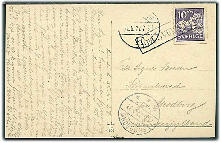 10 öre Løve på brevkort fra Lund annulleret med skibsstempel Fra Sverige og sidestemplet København d. 25.5.1927 til Skodborg.