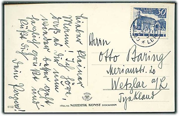 30 öre Nya Sverige på brevkort fra Göteborg d. 13.7.1938 til Wetzlar, Tyskland.