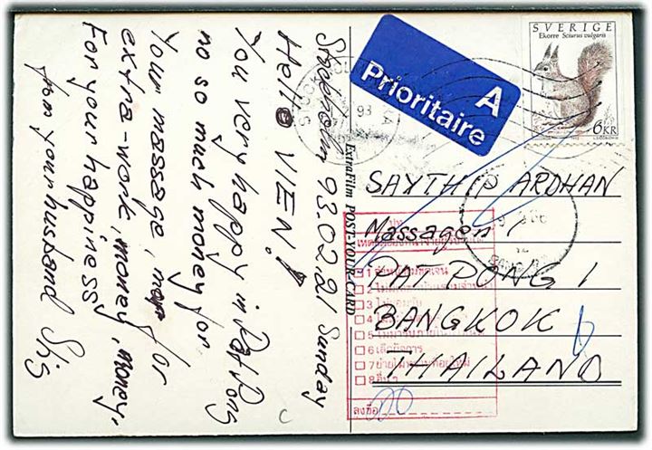 6 kr. Egern på luftpost brevkort fra Stockholm d. 21.2.1993 til Bangkok, Thailand. Retur som ubekendt.