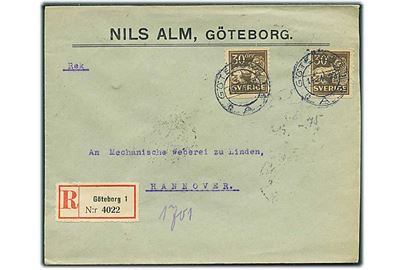 30 öre Løve (2) på anbefalet brev fra Göteborg d. 11.4.1923 til Hannover, Tyskland. 1 mærke med svag takning.