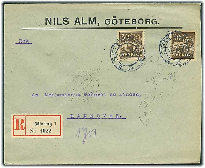 30 öre Løve (2) på anbefalet brev fra Göteborg d. 11.4.1923 til Hannover, Tyskland. 1 mærke med svag takning.
