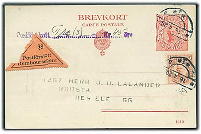 10 öre helsagsbrevkort opfrankeret med 15 öre Gustaf sendt med opkrævning fra Göteborg d. 16.4.1920 til Resele.