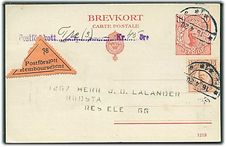 10 öre helsagsbrevkort opfrankeret med 15 öre Gustaf sendt med opkrævning fra Göteborg d. 16.4.1920 til Resele.