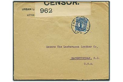 20 öre Gustaf på brev fra Göteborg d. 6.3.1916 til Hackettstown, USA. Åbnet af britisk censur no. 962.