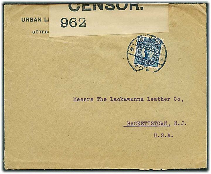 20 öre Gustaf på brev fra Göteborg d. 6.3.1916 til Hackettstown, USA. Åbnet af britisk censur no. 962.