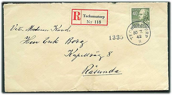 40 öre Tessin single på anbefalet brev fra Teckomatorp d. 30.7.1942 til Råsunda.