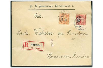 10 öre og 25 öre Gustaf på anbefalet brev fra Stockholm d. 30.7.1913 til Hannover, Tyskland.
