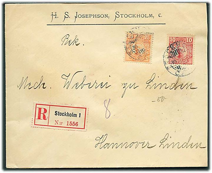 10 öre og 25 öre Gustaf på anbefalet brev fra Stockholm d. 30.7.1913 til Hannover, Tyskland.