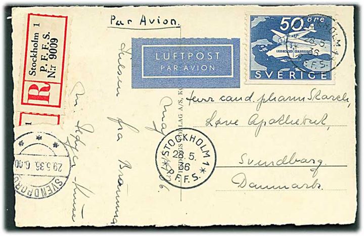 50 öre Bromma single på anbefalet luftpost brevkort fra Stockholm d. 28.5.1936 til Svendborg, Danmark.