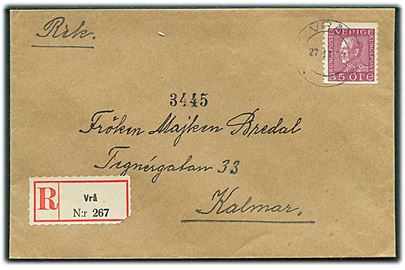 35 öre Gustaf single på anbefalet brev fra Vrå d. 27.11.1934 til Kalmar.