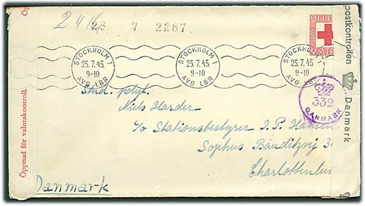 20 öre Røde Kors på brev fra Stockholm d. 25.7.1945 til Charlottenlund, Danmark. Åbnet af svensk valutakontrol og dansk efterkrigscensur med stempel (krone)/332/Danmark.