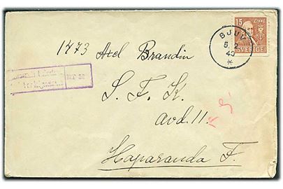 15 öre Linné på brev fra Bjuv d. 5.2.1940 til soldat i S.F.K. (Svenska Frivilligkåren) avd. 11 (= Kårstabskompaniet), Haparanda F. Åbnet af finsk censur.