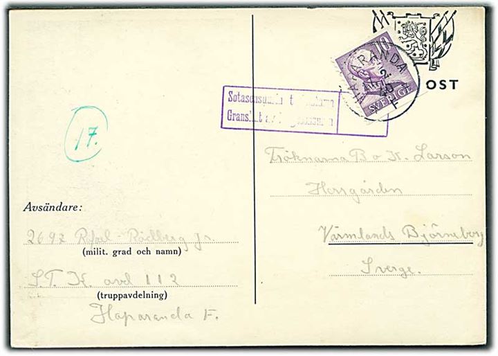 Fortrykt feltpostkort frankeret med 10 öre Gustaf stemplet Haparanda F. d. 17.2.1940 til Värmlands Björneborg. Dateret d. 11.2.1940 fra medlem af Svenska Frivilligkåren avd. 112 ( I. Gruppe 2. Kompagni) Haparanda F. Finsk censur.