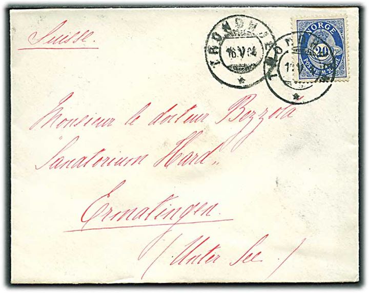 20 øre Posthorn på brev fra Trondhjem d. 16.5.1904 til Ernalingen, Schweiz.