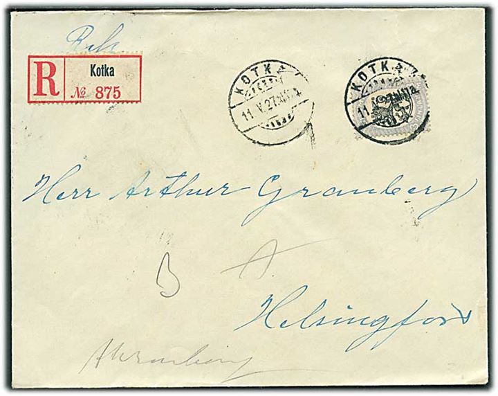 3 mk. Løve single på anbefalet brev fra Kotka d. 11.5.1927 til Helsinki.