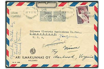 30 mk. Aalberg og 4 mk. Løve (par) på luftpostbrev fra Helsinki d. 29.9.1959 til Clearbrook, USA. Fejlagtigt åbnet og forseglet med Officially Sealed mærkat.